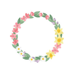 Obraz premium Spring floral wreath with pink cherry blossoms yellow daffodils and white daisies isolated on white background, for seasonal greeting card