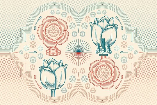 Steampunk floral pattern featuring mechanical roses and tulips with metallic gears, industrial pipes, and intricate crosshatch background lines