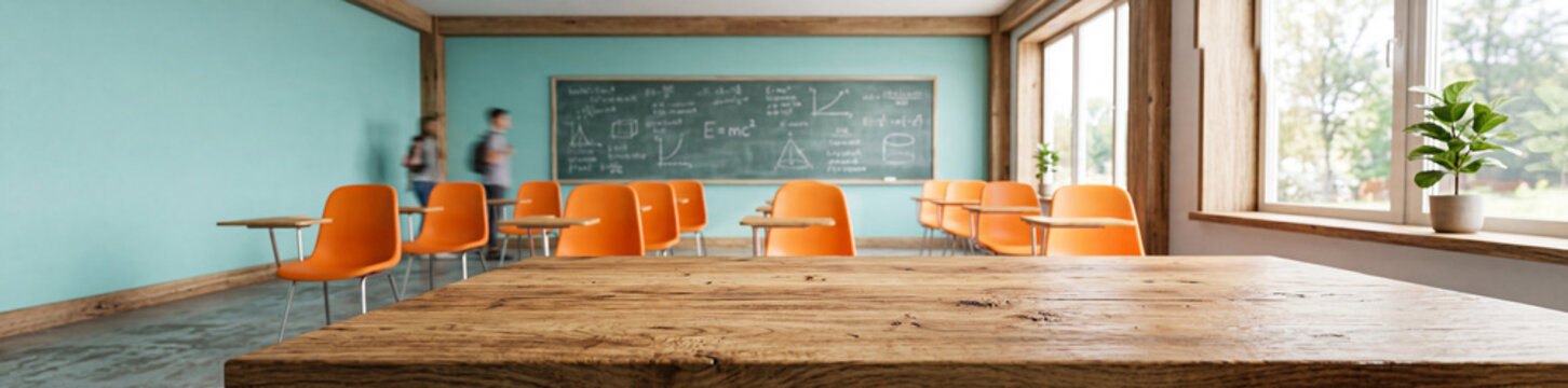 An empty wooden desk in a bright classroom with orange chairs windows and a blackboard with formulas in the background