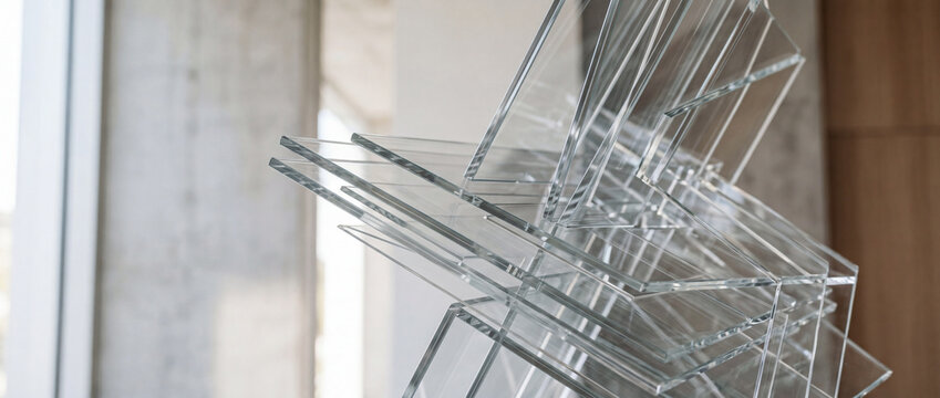 A close up architectural shot of stacked clear glass panels showing sharp geometric angles and abstract reflections