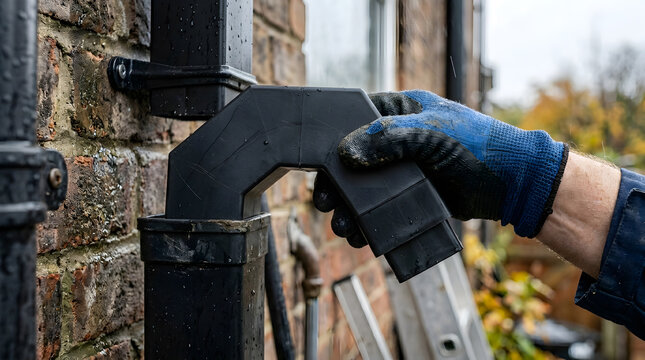 Installing black plastic gutter downpipe | DIY home exterior gutter maintenance | Replacing swan neck offset drainpipe | Guttering installation on brick wall