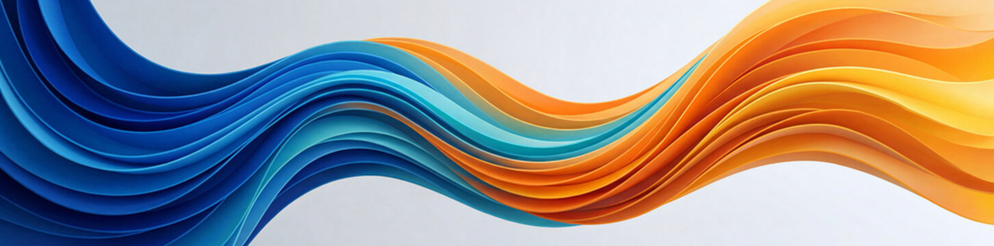 A clean panoramic abstract 3D wave composed of flowing layered ribbons in blue teal and orange on a grey background