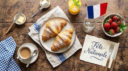 French breakfast with croissants and Bastille Day decorations.