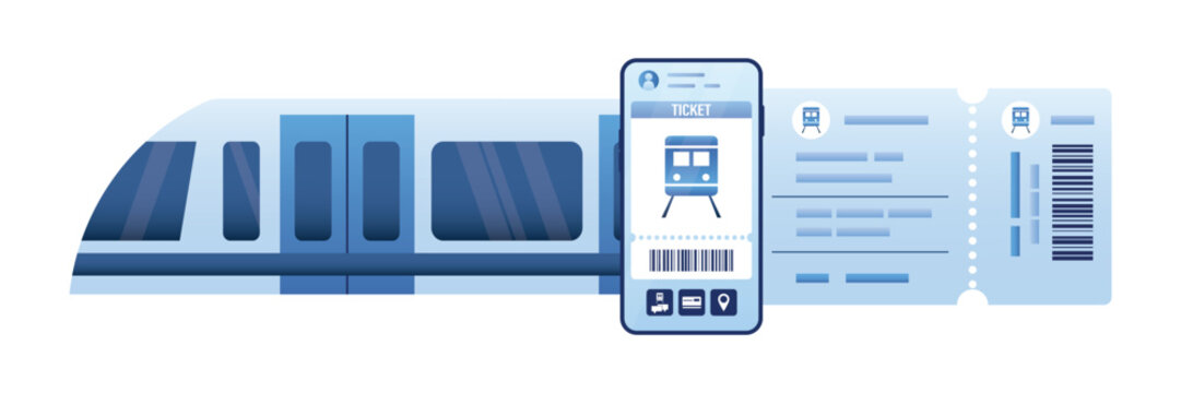 Mobile app for buying tickets online. Booking rail tickets digital. Train or subway and paper pass. Smartphone with info for passenger. Public transport, intercity transportation.