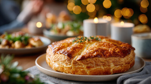 Golden galette des rois on a festive table with bokeh lights for epiphany holiday banner and recipe background for celebration and seasonal food design