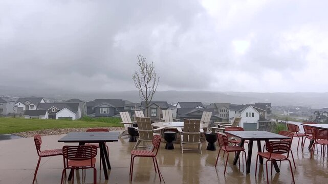 Wet Patio Furniture in Suburban Yard During Storm