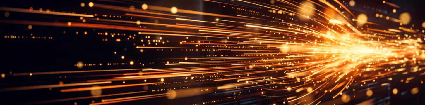A panoramic abstract background of glowing golden sparks and bright light streaks moving rapidly across a dark background