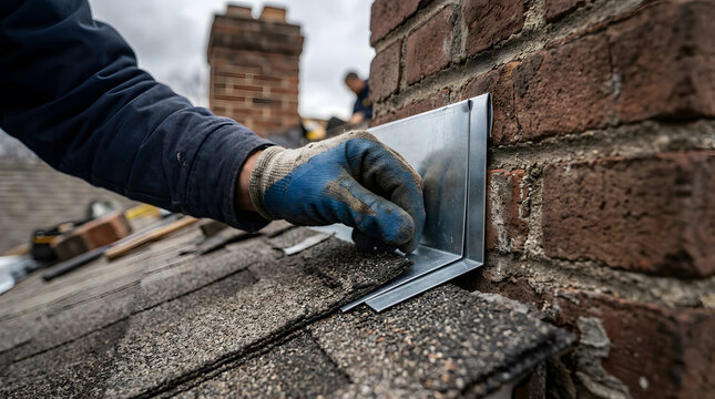 Roof repair chimney flashing installation|Professional roofer installing metal step flashing|Waterproofing brick chimney on asphalt roof|Residential roofing maintenance and leak prevention