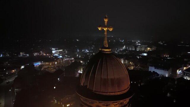 St Chad's Church Illuminated at Night with Shrewsbury Town Centre, England