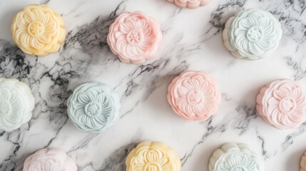 Fototapeta premium Pastel Floral Mooncakes on Marble Countertop