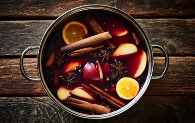 Fototapeta premium Mulled wine in the pan on a wooden background, top view