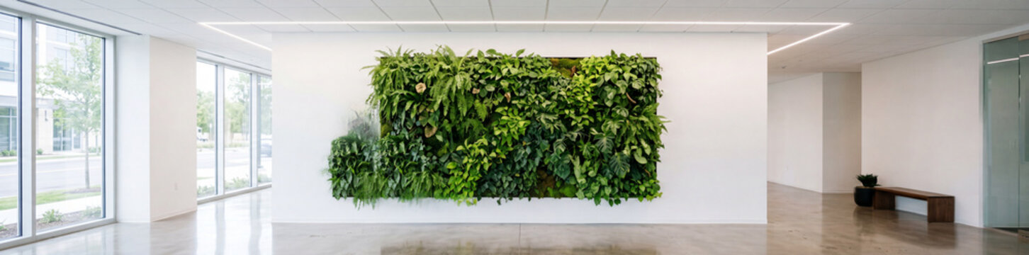 A bright modern office lobby interior featuring a massive framed green plant and moss wall installation next to a bench