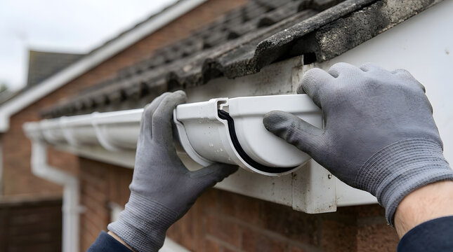 professional gutter installation services | white plastic gutter repair on residential roof | diy roof maintenance with protective work gloves | house exterior gutter system replacement