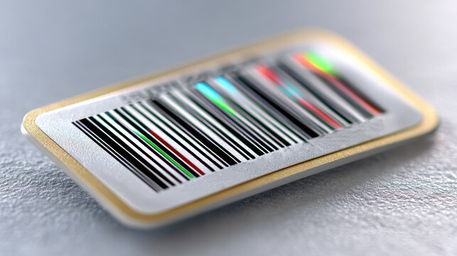 Close-up barcode on metallic card with colorful reflections for product packaging background and label design