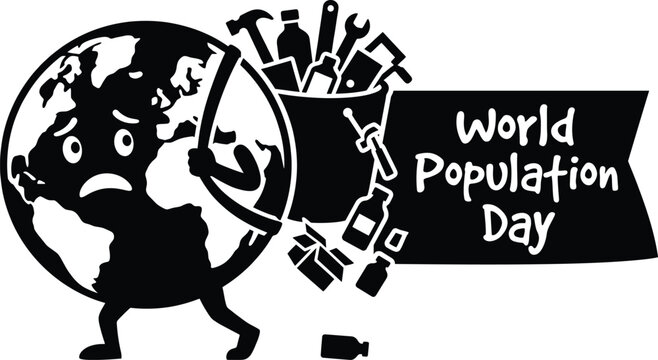 Sad globe character carrying a heavy sack of tools and bottles with a banner reading population day in a black and white stencil style for environmental and social awareness
