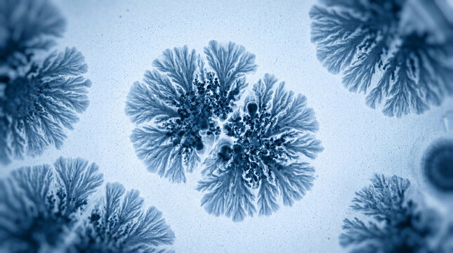 Microscopic view of beautiful blue dendritic crystals growing on a frozen surface resembling abstract organic patterns