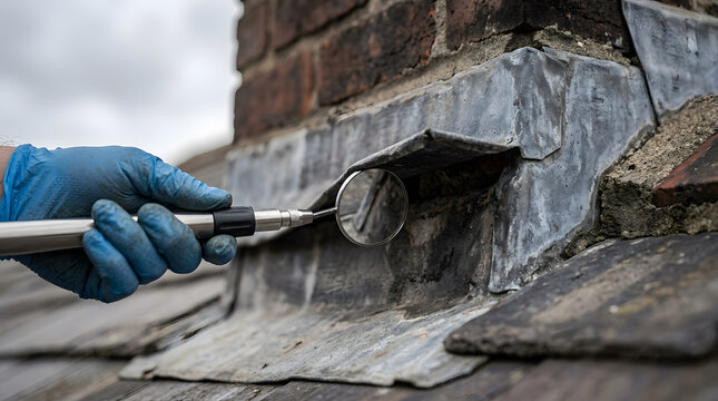 Professional roof inspection using a telescopic mirror | Checking chimney lead flashing for leaks | Home maintenance and structural surveying | Building inspector evaluating roof damage