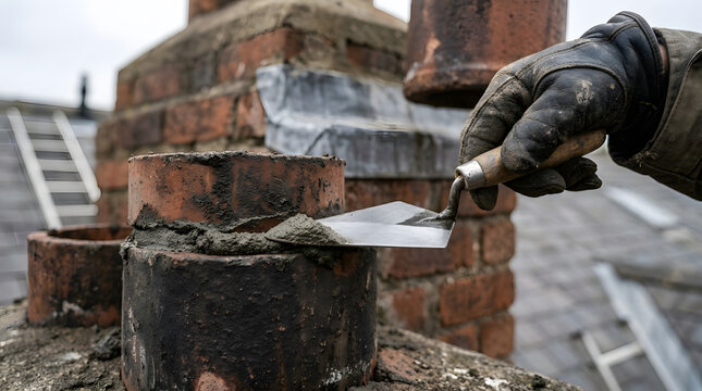professional chimney repair services | brickwork repointing with mortar trowel | roofing maintenance and stack restoration | worker installing chimney pot with cement