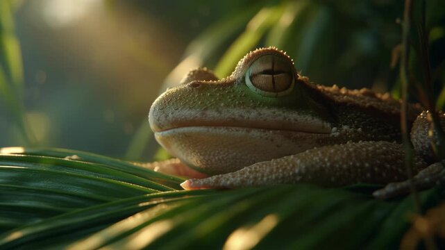 Green frog resting on a palm leaf awakens in a sunlit tropical forest