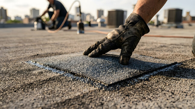 commercial flat roof repair | industrial roofing maintenance services | professional asphalt patch application | rooftop construction worker