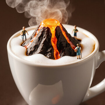 La tasse de caf&eacute; volcanique, avec sa lave qui coule
