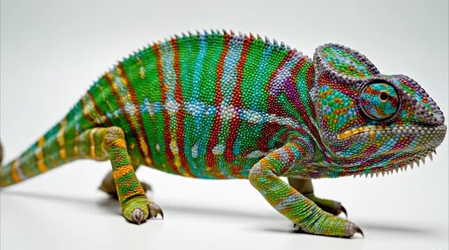 Colorful panther chameleon Furcifer pardalis crawling carefully on a bright white studio surface with clean high key lighting vibrant tropical reptile full body profile side view shot
