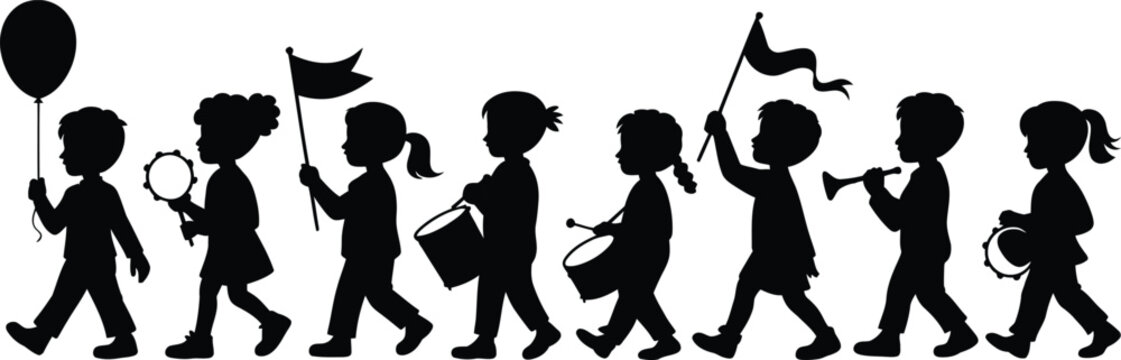 Festive children parade silhouette with musical instruments, balloons, flags, and joyful marching procession vector illustration for celebration themes