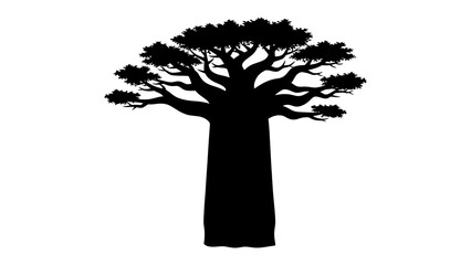 Silhouette of a Giant Baobab Tree: A stark black silhouette of a massive baobab tree, its iconic bottle-shaped trunk and expansive canopy, stands against a clean background. © Murshida