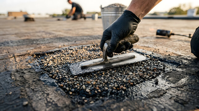 flat roof repair services | industrial roofing maintenance worker | applying asphalt repair compound with trowel | professional roof patch techniques