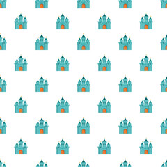 Naklejka premium Blue castle repeating across a white background, creating a fairytale pattern