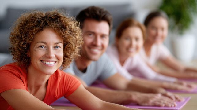 Low angle family stretching together on yoga mats for wellness class background and exercise banner