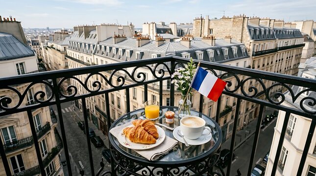 French breakfast on Parisian balcony with city view.