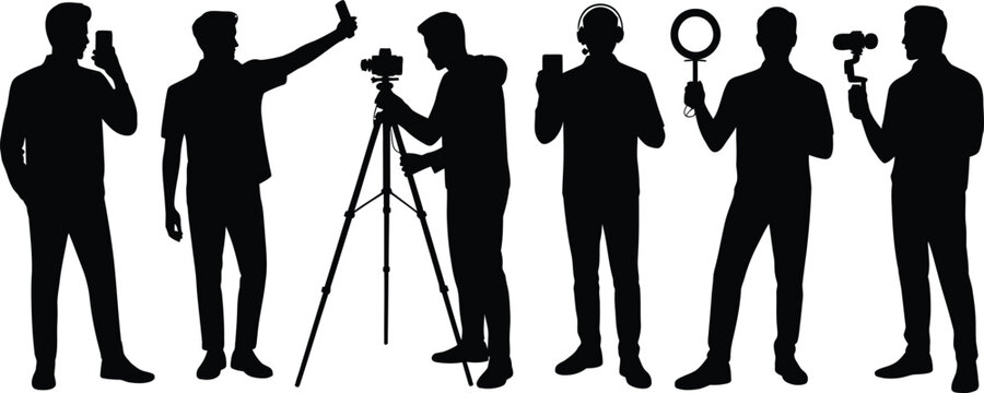 Silhouette of modern content creators using smartphones, cameras, tripod, ring light, headphones, and gimbal for filming, vlogging, photography, and digital media