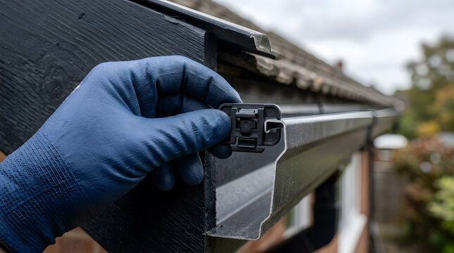 Installing gutter retaining clips on roofline | Professional guttering maintenance and repair | Close up of worker fixing rain gutter | Residential roofing contractor installing metal gutters