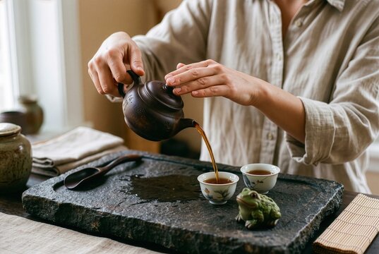 Tea master pouring tea from yixing purple clay teapot for gongfu tea ceremony