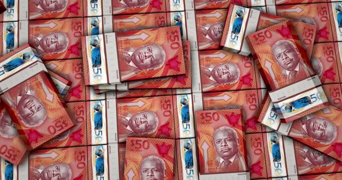 Barbados Dollar barbadian money banknotes 3d animation. 50 BBD packs concept of inflation, economy, crisis, business, banking, debt and finance.