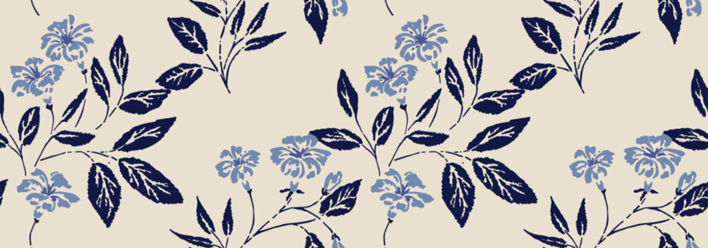 Elegant seamless botanical pattern with navy and soft blue floral branches on a warm beige background. Timeless floral repeat for textiles, wallpaper, packaging, and decor