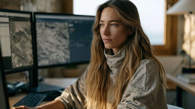 Carbon credit registry administrator verifies nature-based solution offset certificates on dual-screen workstation, satellite imagery land parcel data alongside trading platform interface, climate f