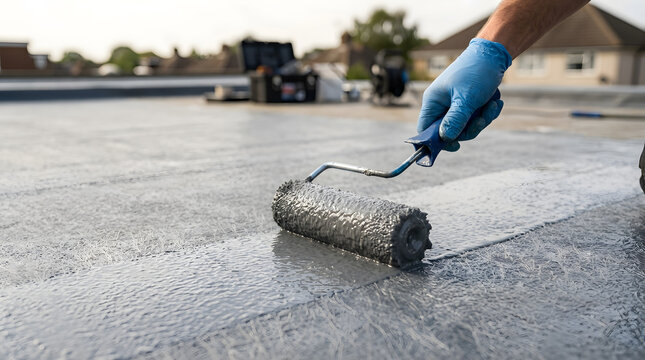 Applying liquid waterproofing to flat roof | Professional fiberglass roof installation process | Roof coating application with paint roller | GRP roofing maintenance and repair