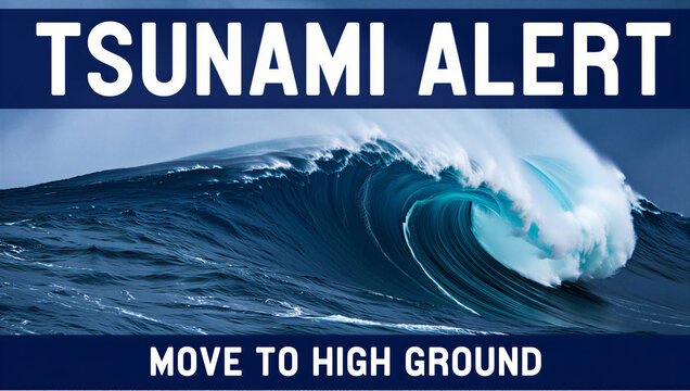 Tsunami alert warning sign with a large ocean wave moving to high ground immediately transparent background