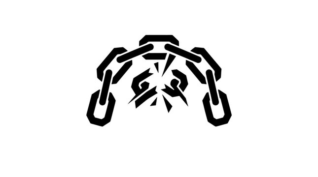 Abstract black symmetrical emblem with cracked interior and curved outer frame on white background