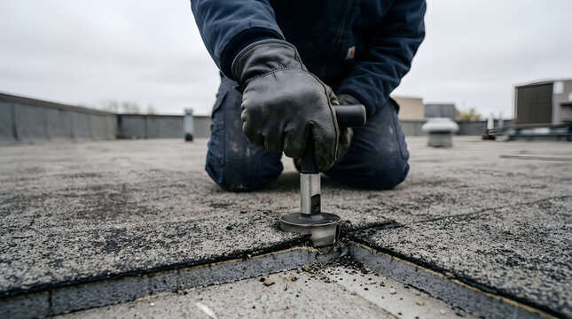 commercial roofing inspection core sample | professional flat roof repair maintenance | construction worker using roofing tools | industrial roof insulation testing