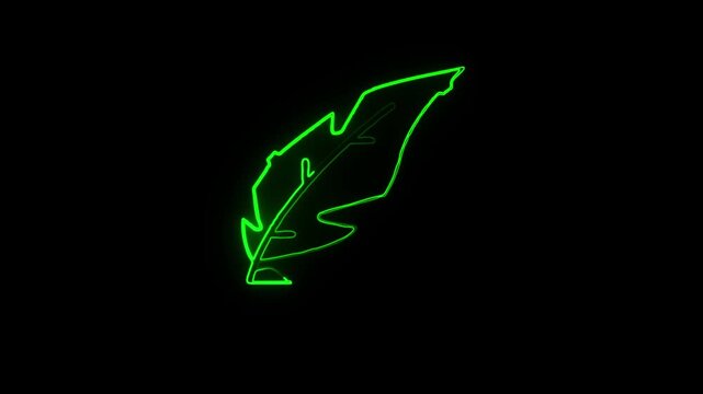 Glowing Green Neon Feather Leaf Loop Animation on Black Background, Futuristic Cyberpunk Style Nature Concept Stock Footage