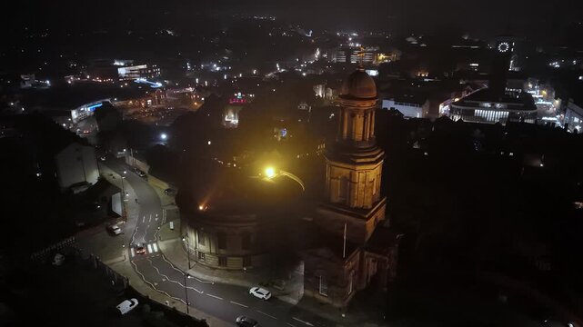 St Chad's Church Illuminated at Night with Shrewsbury Town Centre, England