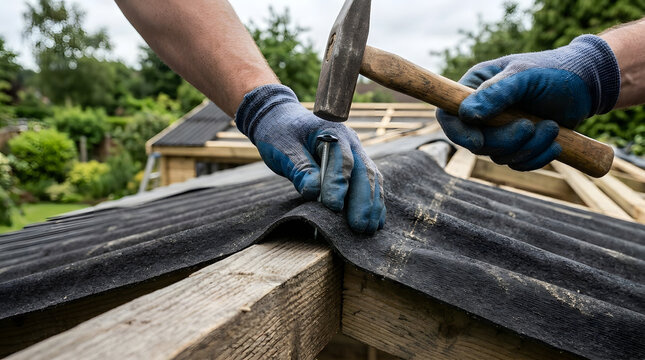 Installing corrugated roofing sheets on garden shed | Roofer hammering nail into black roofing panel | Professional roof construction and maintenance services | outdoor building project