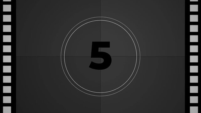 Monochrome retro cinema leader countdown from ten to zero featuring circular wipe and side sprocket holes for vintage movie openers 4k video