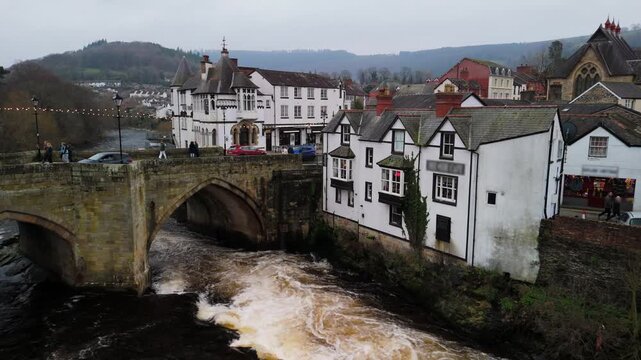 Aerial View of Llangollen Town, River Dee and Stone Bridge with Heritage Railway, Wales