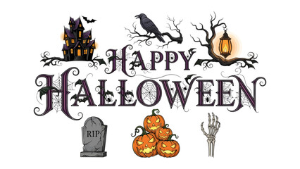 Happy Halloween Text with Spooky Elements: A festive Happy Halloween greeting adorned with eerie imagery, including a haunted house, a raven on a bare branch, a jack-o'-lantern, a tombstone. © abidakhatun