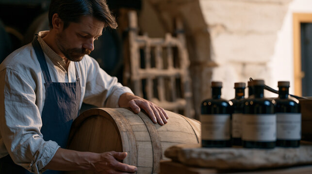 Artisan sherry vinegar producer gently tilts barrel from solera system in dim aging bodega cellar, dusty riddling rack behind, hand-labeled sample bottles on rough wooden shelf, stone floor and arch