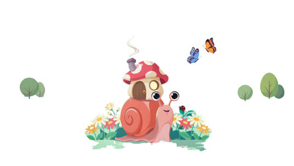 Fototapeta premium Cute cartoon fox character sitting on colorful flowers with butterflies in a cheerful garden setting Vector